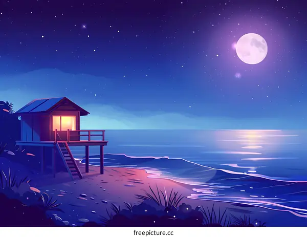 Night Sky with Full Moon and Beach House