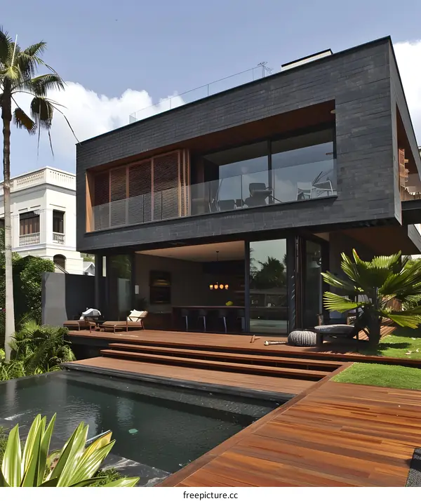 Modern Black Brick House With Swimming Pool And Palm Trees