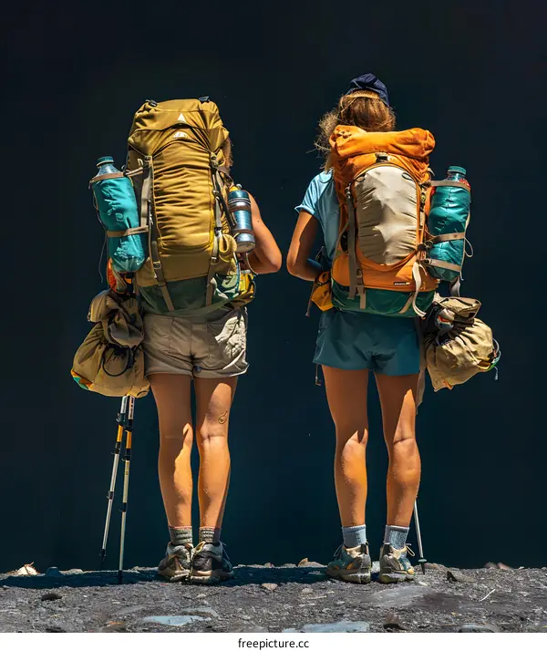 Two backpackers with large backpacks standing on a rock in front of a dark background