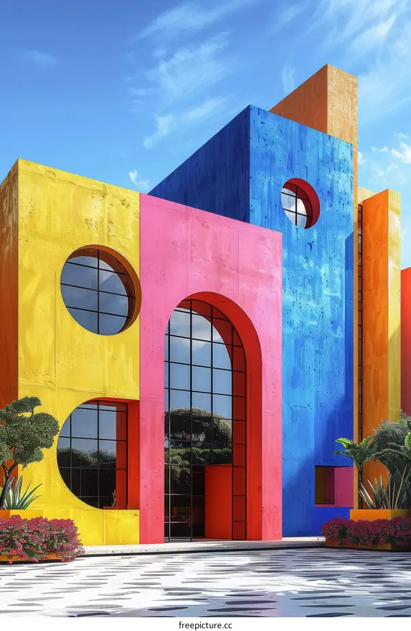 Colorful Memphis Style Building With Blue Sky