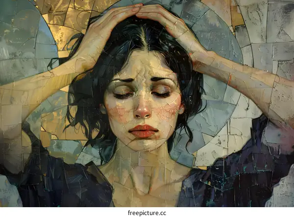 Woman with Closed Eyes in a Mosaic Style Painting