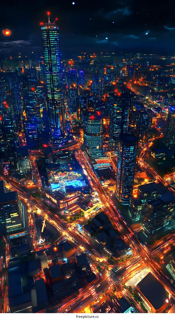 Aerial View of a Cityscape at Night with Illuminated Buildings and Streets