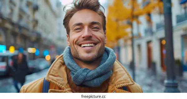 Smiling Man in Autumn City Street