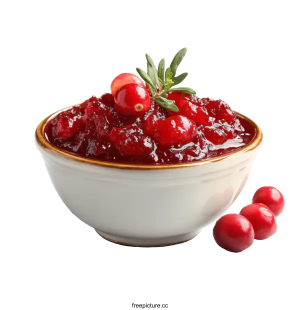 [Transparent Background PNG]Cranberry Sauce in a Bowl with Fresh Herbs