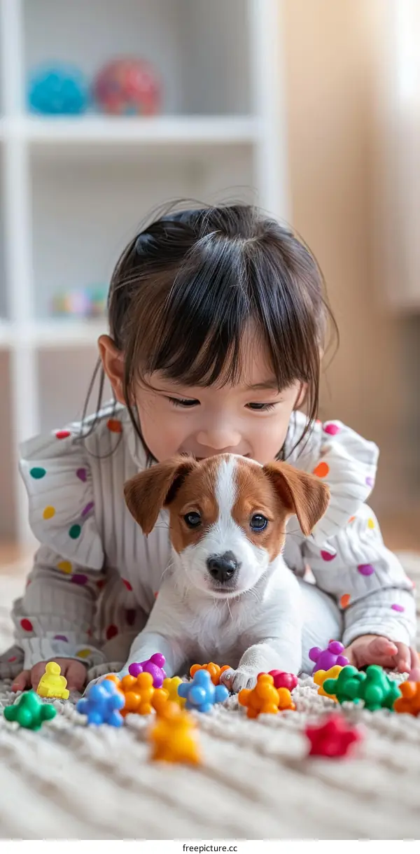 Asian toddler girl playing with a puppy