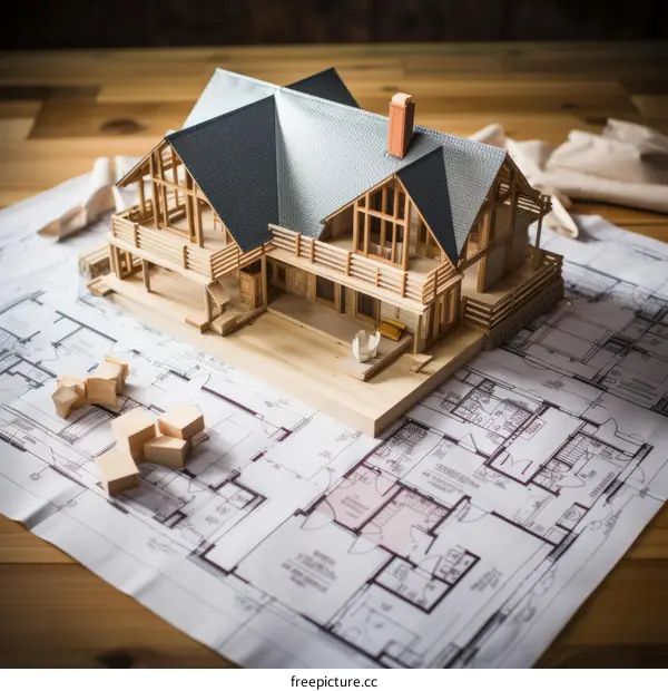 Modern Two-Story Wooden House with Gray Roof on Blueprint Table