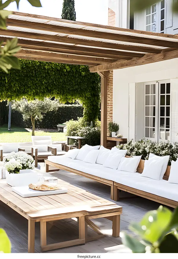 Outdoor Patio With Wooden Furniture And White Cushions