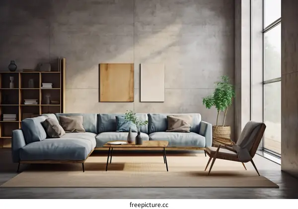 Modern Minimalist Living Room With Blue Sofa