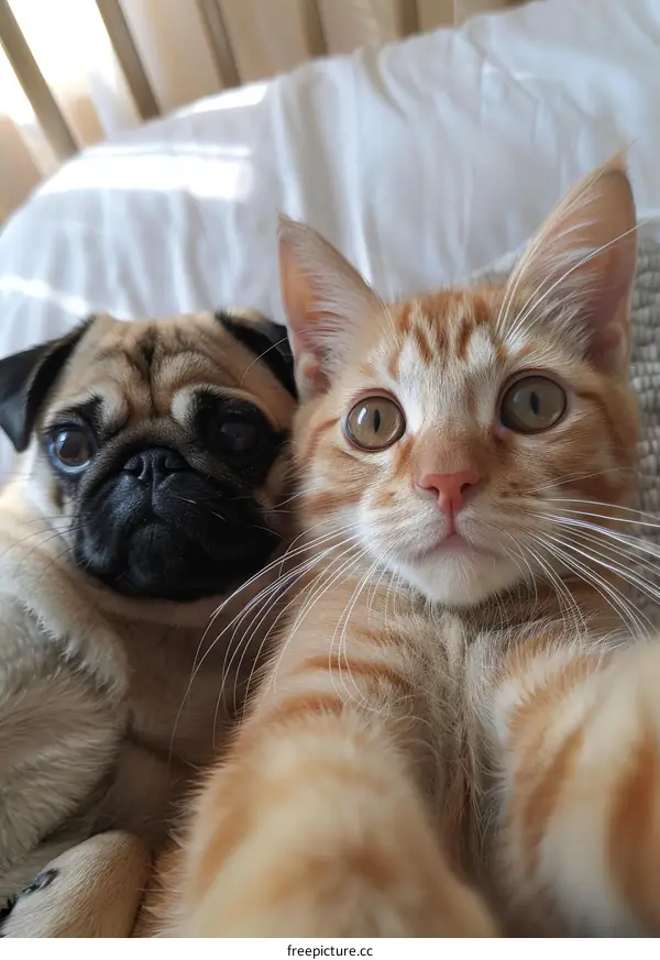 pug and orange cat taking selfie