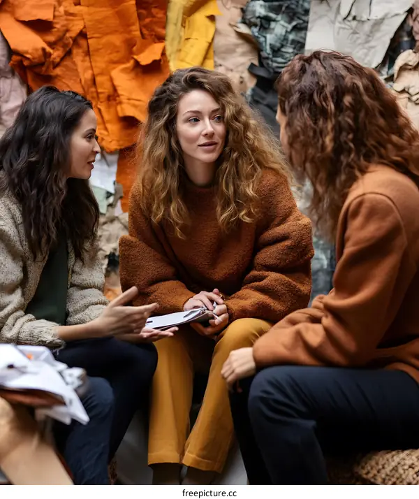 Three Women Sitting on a Bench and Talking