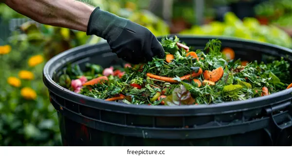 Glove hand holding carrot and vegetable scraps over compost bin