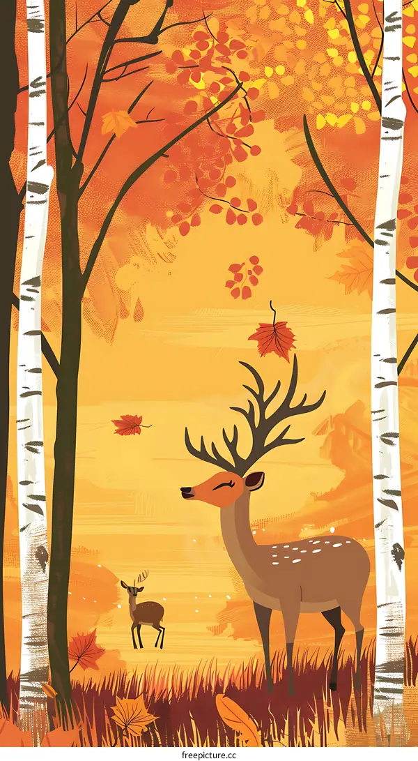 Autumn Forest Landscape with Two Deer Illustration