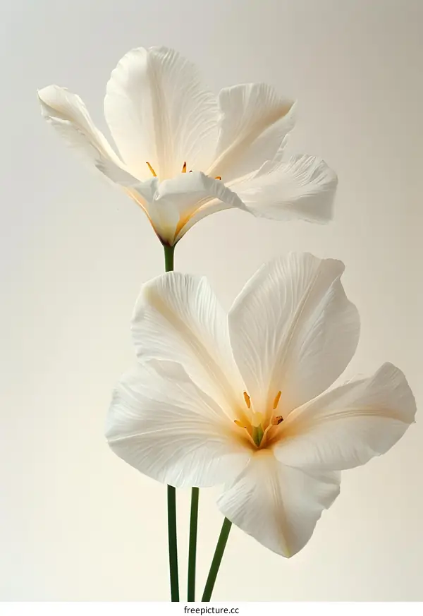 Two flowers with white petals and yellow stamen on a white background
