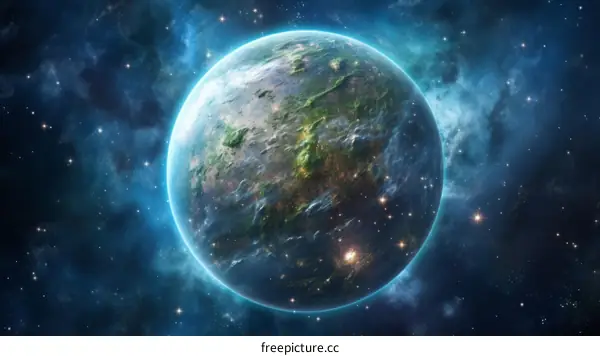 Glowing Blue Planet with Lush Green Landmasses