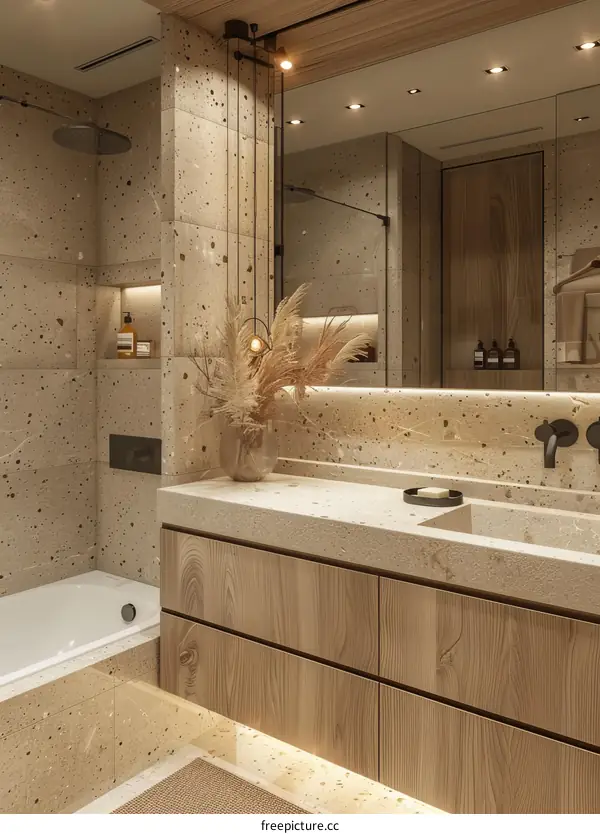 Modern Minimalist Bathroom Design with Natural Wood and Stone