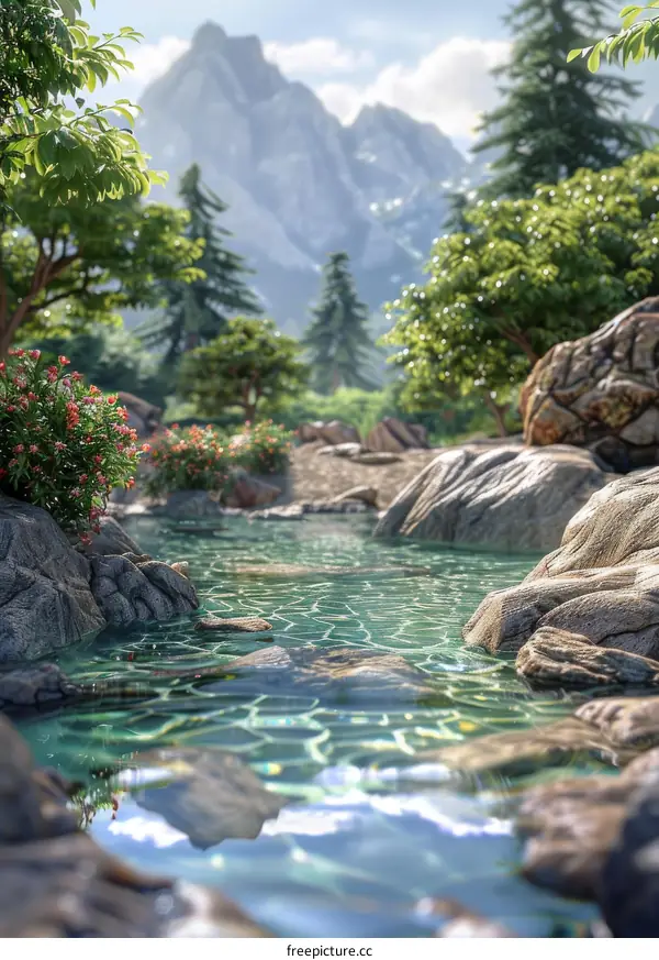 Landscape photography of rocks, trees, plants, mountains, and stream of water