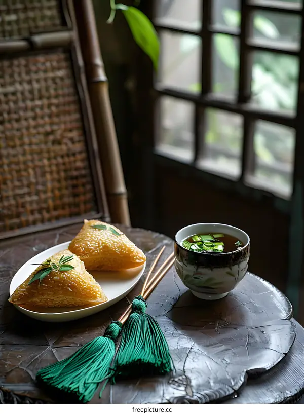 A plate of zongzi and tea on a wooden table