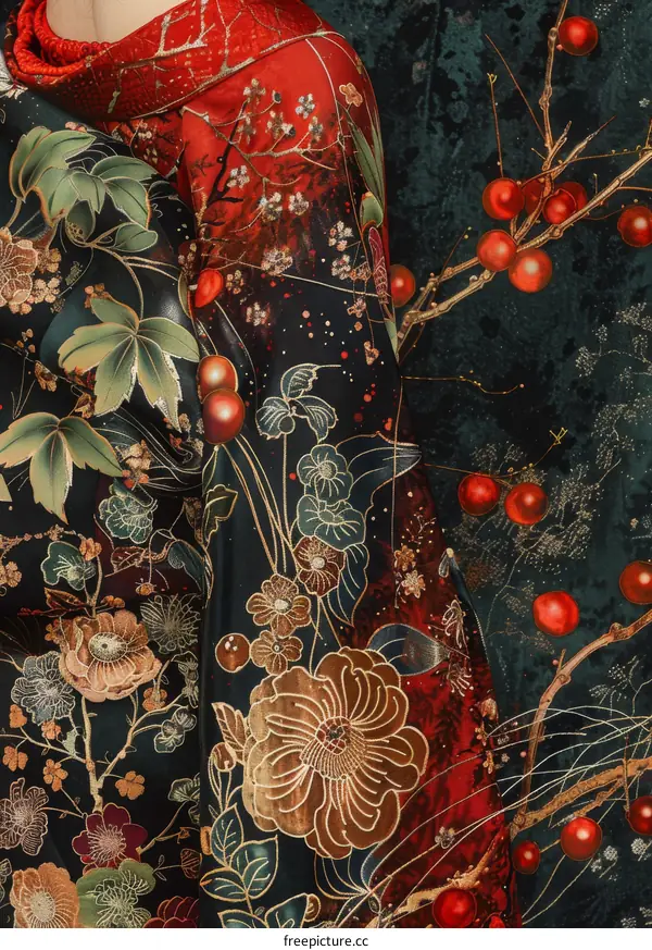 A kimono with a floral pattern and red and gold accents