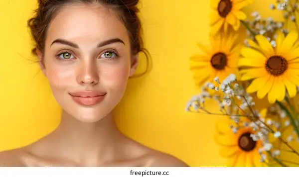 portrait of a beautiful young woman with freckles and green eyes