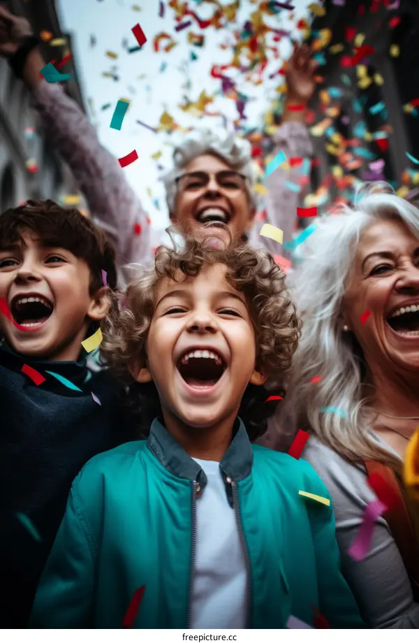 A family is celebrating with confetti falling on them