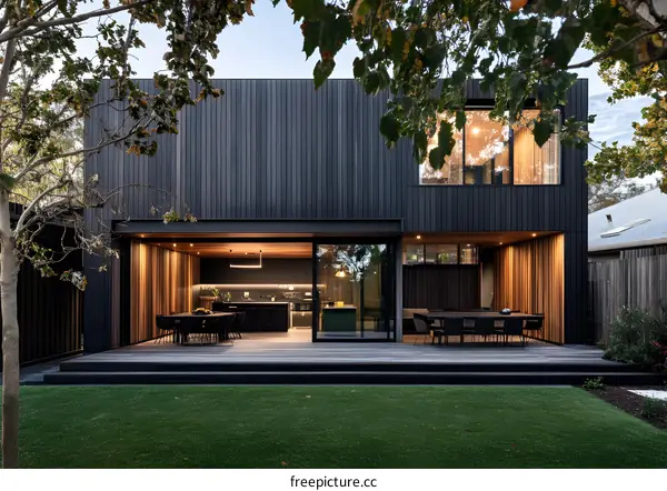 Modern Black and Wooden House with Deck and Patio
