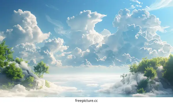 Heavenly Island Among Fluffy Clouds