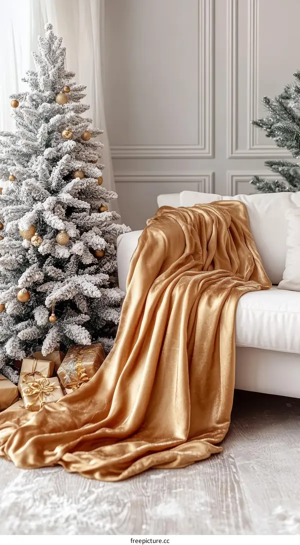Christmas Interior with Gold Blanket and Decor