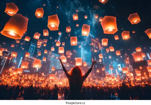 Sky Lanterns Festival Celebration with City Skyline