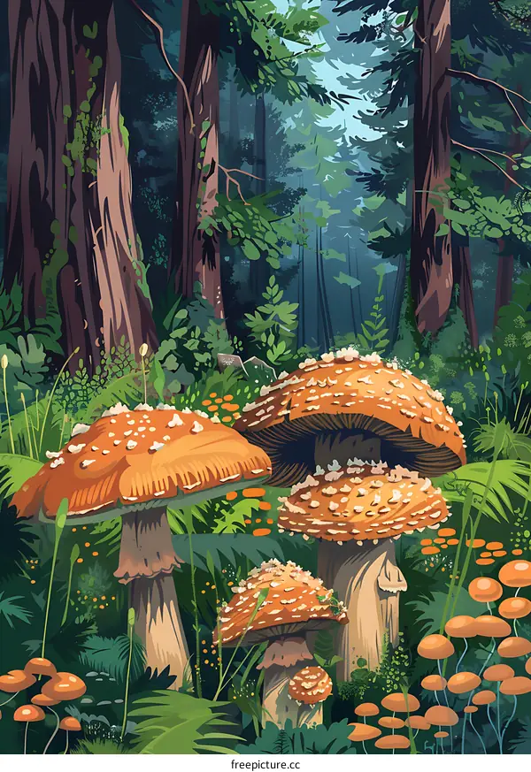 Forest Illustration with Red and White Mushrooms