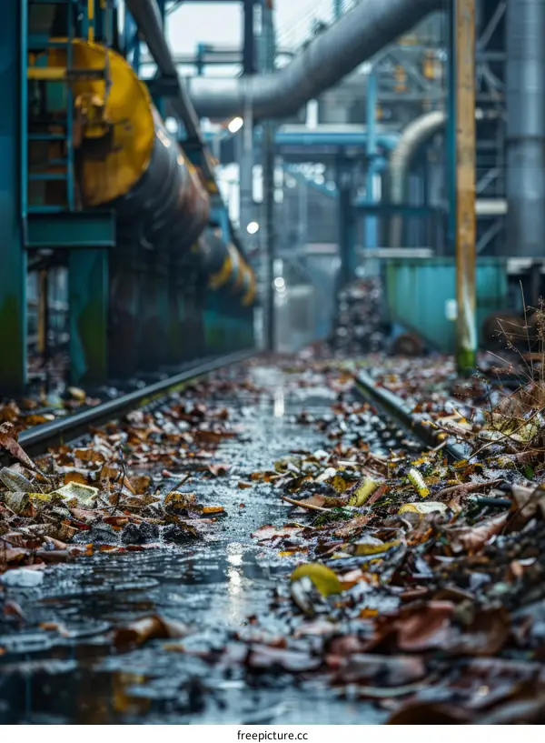 Rusty railroad tracks in an abandoned industrial area