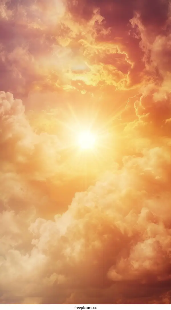 Bright sun rays shining through fluffy cloudscape