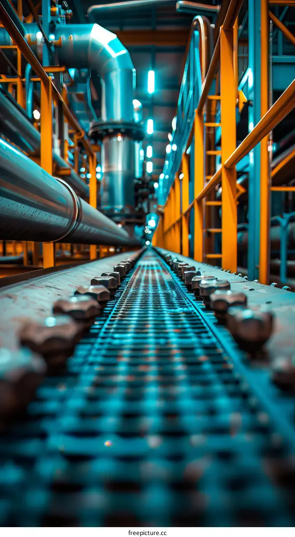 Industrial Walkway with Blue Pipes and Yellow Handrails