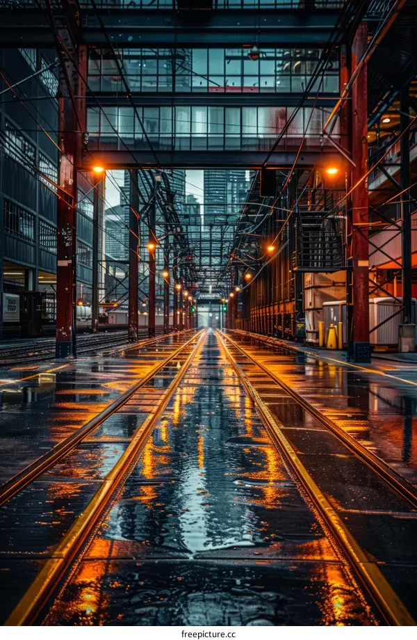 Railway tracks in the rain with the city lights reflecting off the puddles