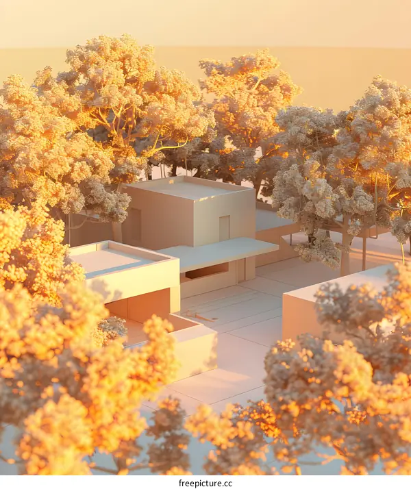 Minimalist 3D Render of Modern House Surrounded by Trees