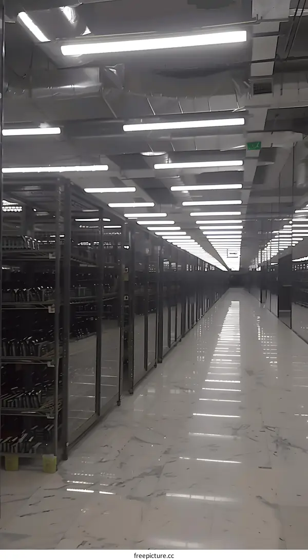 Bright White Hallway with Metal Shelves and Fluorescent Lights