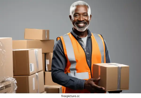 Smiling African American man holding a cardboard box in a warehouse