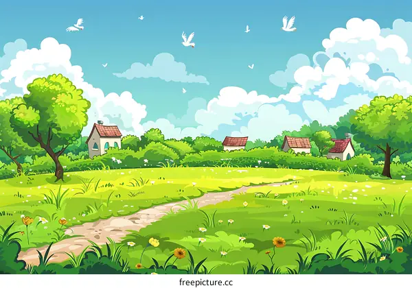 Cartoon Illustration of a Countryside Meadow With Houses and Birds