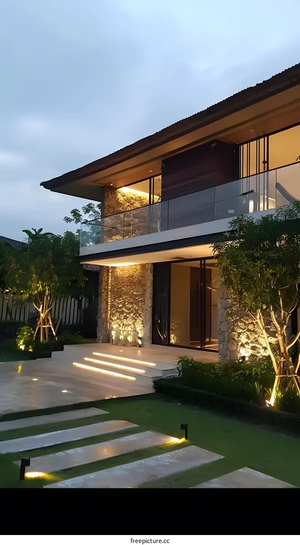 Modern Luxury House with Stone Facade and Illuminated Pathway