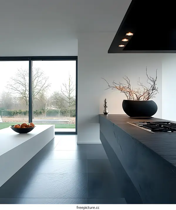 Modern Minimalist Kitchen with Black Countertop and White Walls