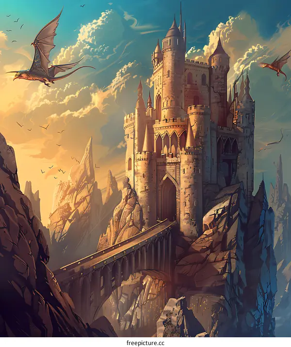 Fantasy Castle Illustration with Dragons Flying