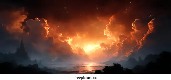 Fiery Sunset Over a Majestic Fantasy Landscape