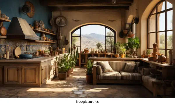 Kitchen with a large window overlooking a desert