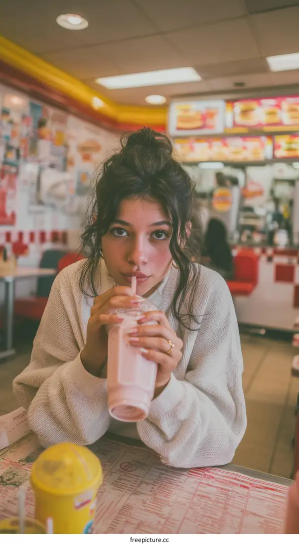 Young Woman Enjoying a Smoothie at a Diner