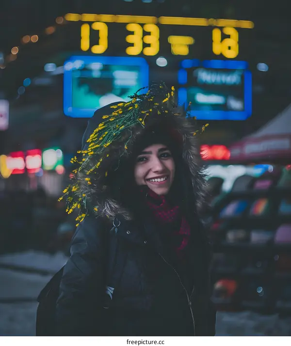 Smiling Woman in Winter Jacket with Flowers in Her Hood
