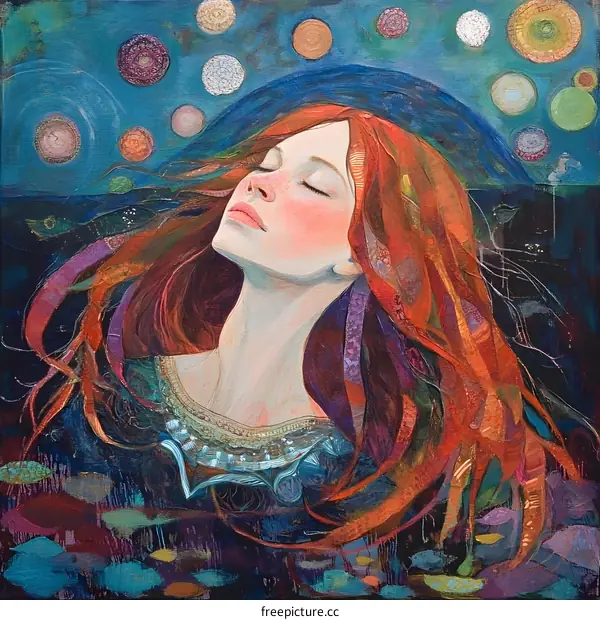 Woman With Red Hair Surrounded by Colorful Circles