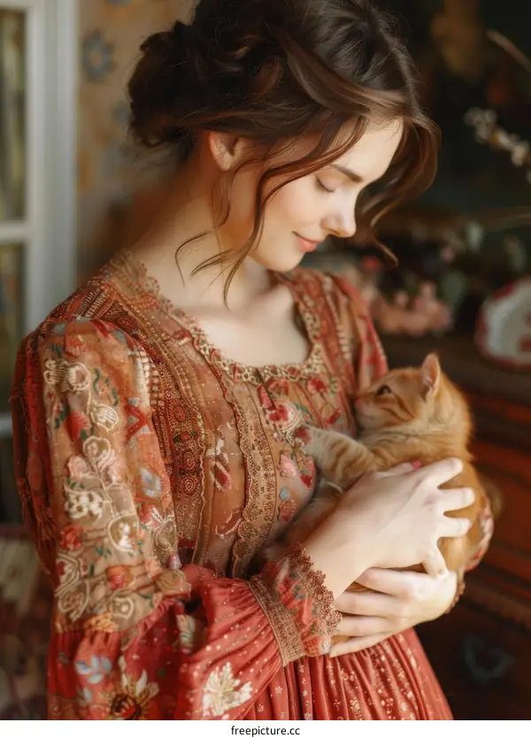 Woman in Vintage Style Dress with a Kitten
