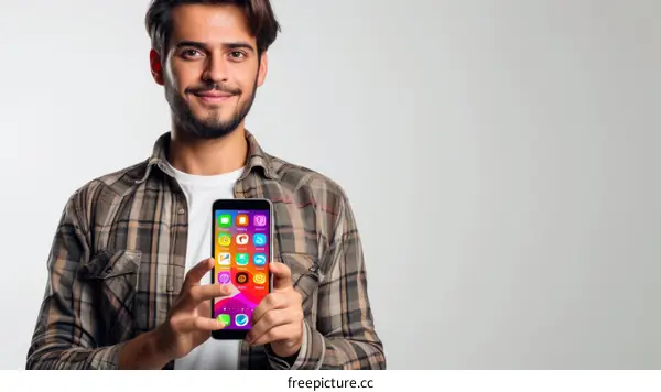 Bearded man in a plaid shirt holding a smartphone
