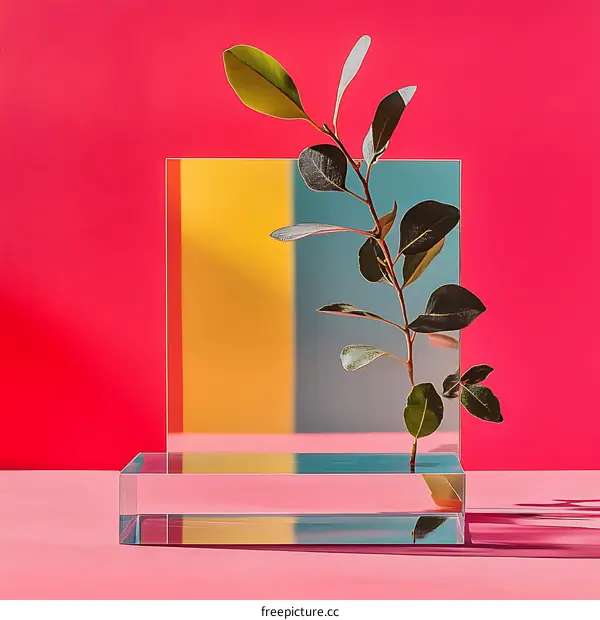 Minimalist Green Branch with Glass Reflecting Colors