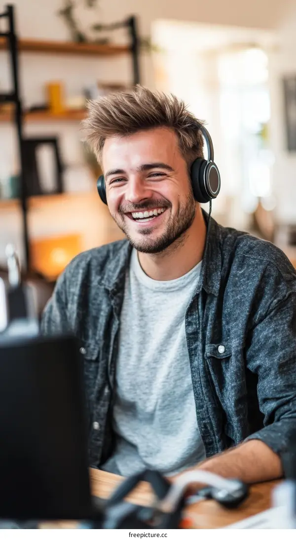Young Man Working on Laptop with Headphones