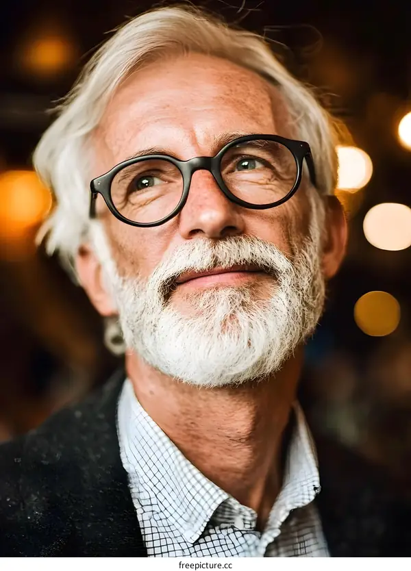 Close Up Portrait of a Senior Man with White Beard Looking Up and Wearing Glasses